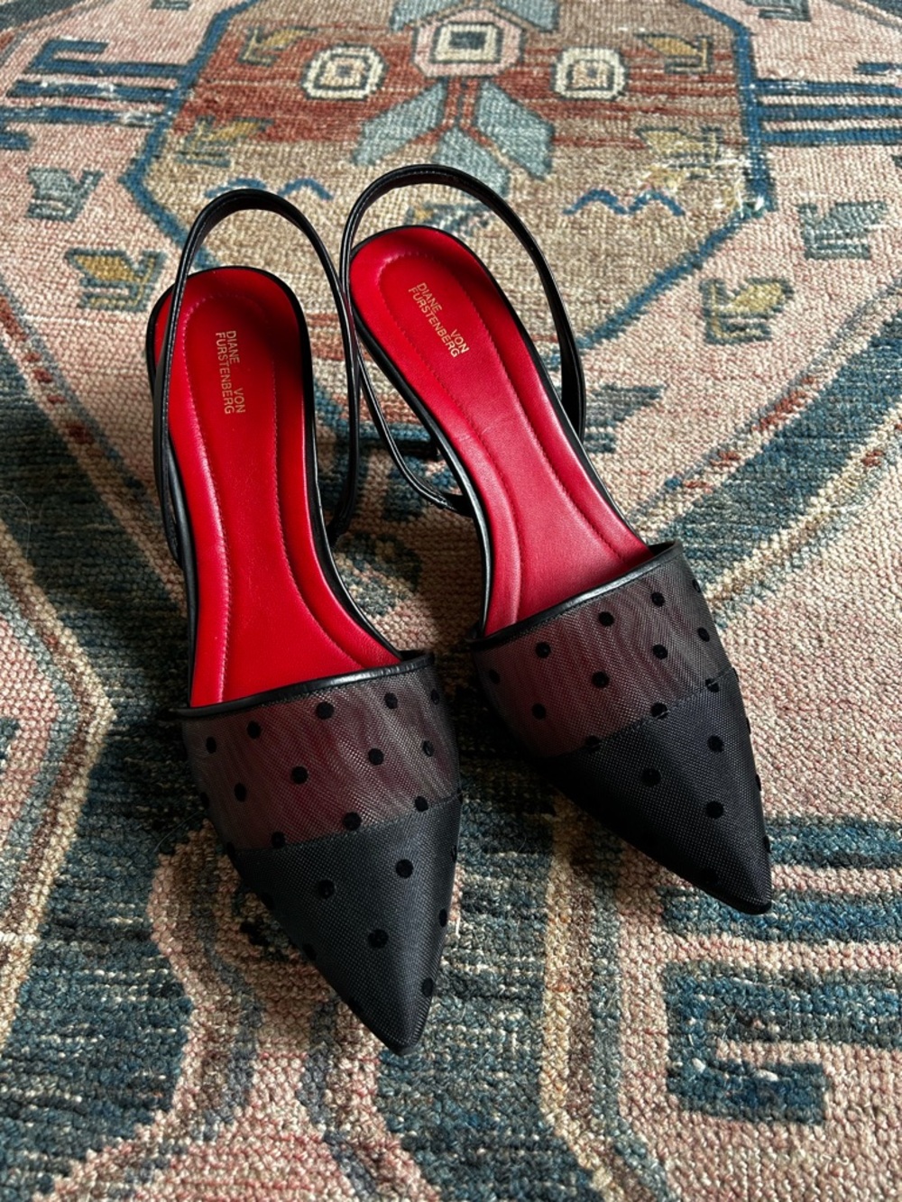 Diane Von Furstenberg Black Mesh Polka-Dot Slingback Heels with Red Insole - Picture 5 of 5